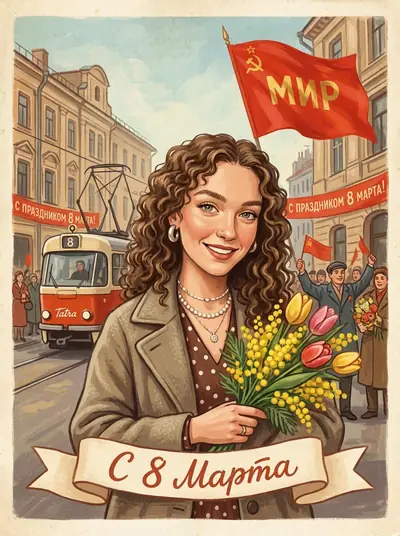 Открытка из фото нейросетью — «СССР открытка 8 марта»