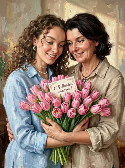 Открытка из фото нейросетью — «Открытка к 8 марта с мамой»
