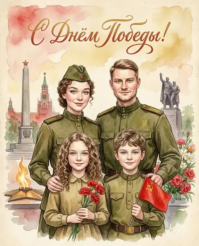 Фото в рисунок нейросетью — «Семейная акварельная открытка»